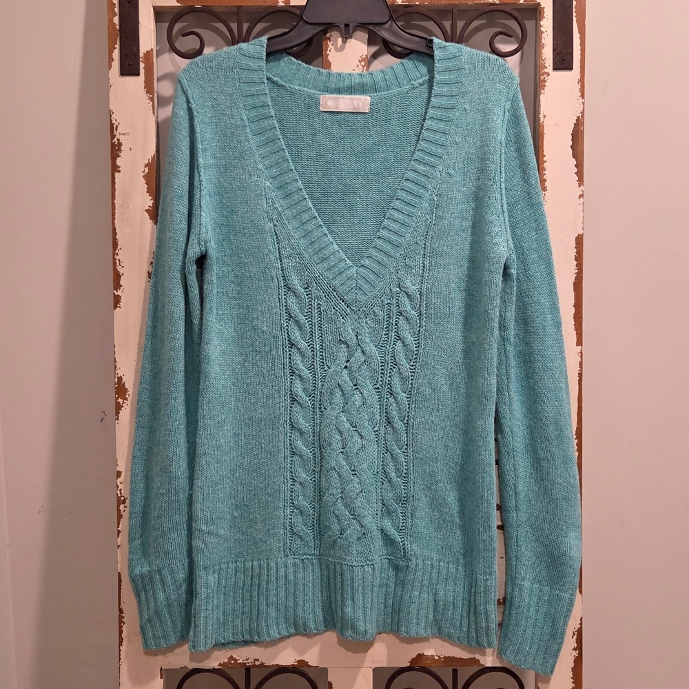 Vintage Old Navy Y2K Turquoise Blue Cable Knit V-Neck Sweater Wool Angora Large